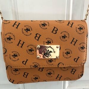 Beverly Hills Polo Club Crossbody bag, tan with golden chain. Classic BHPC logo